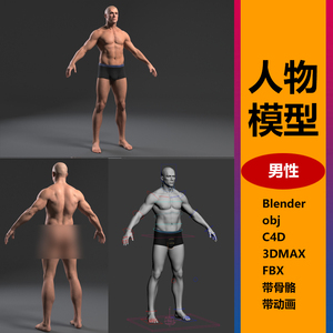 人物3d模型男性3dmax/c4d/blender高精度皮肤头部骨骼绑定动画