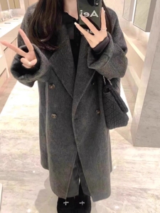 宽松阔版灰色双面羊绒大衣女高级感2023秋冬新款高端羊毛呢子外套