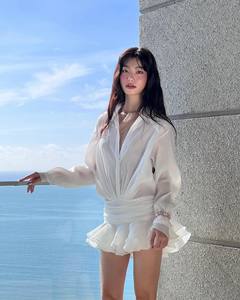 summer rose法式荷叶边Datt白色衬衫连衣裙2024高级设计感辣妹裙