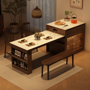 新中式岛台餐桌一体吧台柜小户型家用客厅简约高级岩玻厨房餐边柜