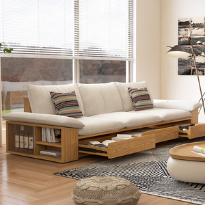 沃尔琦日式实木沙发小户型客厅北欧简约储物地台可拆洗布艺原木风