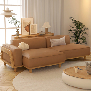 沃尔琦日式实木真皮沙发客厅现代简约小户型北欧羽绒皮艺原木风