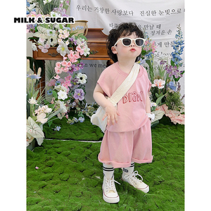 宝宝粉色套装夏季新品2024韩版男童无袖字母两件套儿童奶帅衣服潮