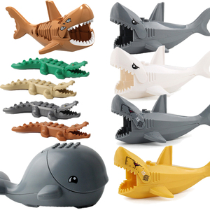 巨齿鲨鱼积木鲸鱼可吞小人海洋动物鳄鱼沧龙小学生拼装幼儿园玩具