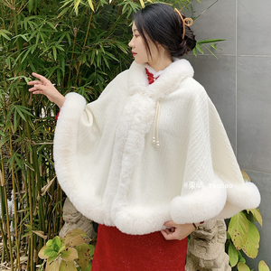 秋冬季中国风外搭旗袍披肩毛领加绒加厚结婚新娘礼服白色斗篷外套
