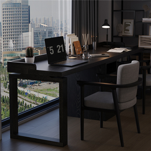 实木家用书桌黑色2米轻奢高级电脑桌靠沙发长条桌卧室双人办公桌