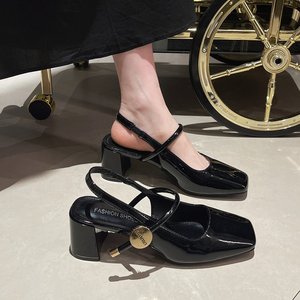 包头凉鞋女玛丽珍仙女风2024夏季新款中跟法式一字带粗跟后空单鞋