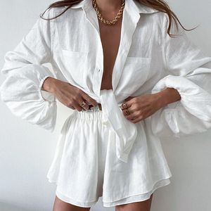 欧美夏季棉麻长袖衬衫上衣+荷叶边短裤两件套休闲时尚白色套装女