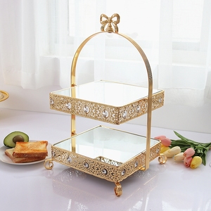金色婚礼甜品台展示架镜面托盘双层下午茶摆件欧式冷餐自助茶歇