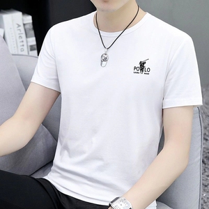纯棉男士短袖t恤夏季韩版潮流印花薄款白色圆领修身冰丝半袖男潮