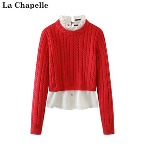 拉夏贝尔/La Chapelle春款新款假两件绞花针织衫女木耳领拼接毛衣