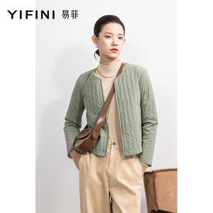 Yifini/易菲宽松短款棉服女2024秋季新款薄款圆领百搭小外套棉衣