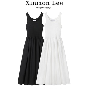 XinmonLee气质简约白色吊带连衣裙夏季新款女拼接收腰显瘦A字长裙