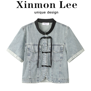 XinmonLee新中式圆领拼接盘扣牛仔短款外套夏季女宽松气质短袖