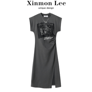 XinmonLee美式复古印花气质连衣裙女夏季高级感收腰显瘦开叉长裙