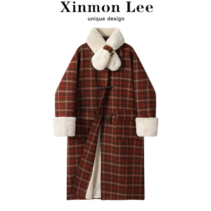 XinmonLee加绒加厚冬季女士毛呢子大衣韩系宽松显瘦复古格子外套