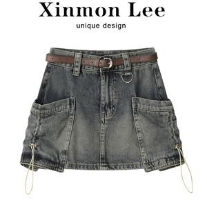 XinmonLee设计感工装牛仔半身裙女秋季高腰显瘦辣妹包臀a字短裙子
