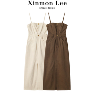 XinmonLee法式复古气质吊带连衣裙夏季女高级感收腰显瘦开叉长裙