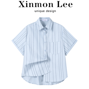 XinmonLee夏季新款蓝色短袖条纹衬衫女宽松别致百搭气质韩版衬衣