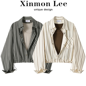 XinmonLee小众假两件条纹衬衫女秋季气质别致独特设计感短款上衣