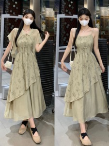 大码女装复古新中式国风气质吊带连衣裙夏季胖mm收腰显瘦百褶长裙