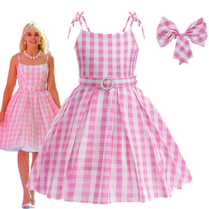 外贸欧美女童cosplay真人芭比电影同款粉红格子连衣裙吊带公主裙