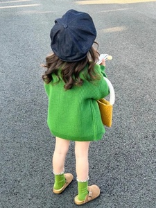 韩国童装2024春秋女童针织衫女宝宝绿色毛衣外套儿童宽松外搭开衫