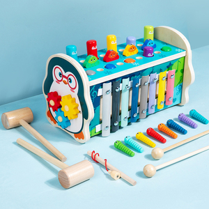 木制拖拉打地鼠车幼儿童益智力玩具婴儿1-2岁3男女孩宝宝敲琴大号