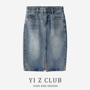 Yi Z CLUB 复古风水洗磨白高腰直筒开叉牛仔半身裙子春夏女装0.47