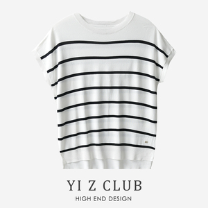 Yi Z CLUB 设计感不对称下摆凉感冰丝条纹短袖针织衫春夏女装0.18
