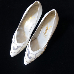 pin vintage YSL古董鞋 浪漫白色春夏小高跟 真皮低跟鞋 孤品
