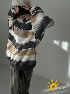 正品【首尔阳光】韩国GVR代购varycoon新款rawoo条纹拼色加绒卫衣