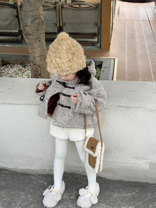 女童呢子大衣2024冬季韩版女宝宝高端气质加厚保暖连帽粗花呢外套