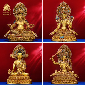 佛像摆件纯铜鎏金尼泊尔工艺黄财神绿度母释迦文殊像手工錾刻7寸