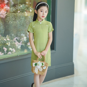 KIDSWEAR女童旗袍夏季中大童小女孩绿色薄款小清新复古国风连衣裙