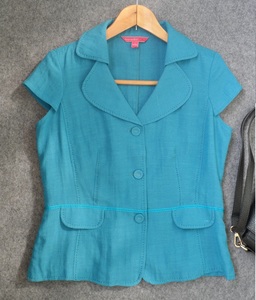女式短袖小外套西装领半包袖3粒扣湖蓝色收腰修身小上衣清仓正品
