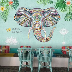 东南亚风格墙布泰国大象奶咖装饰壁画泰式餐厅料理酒店背景墙壁纸