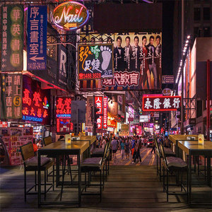 怀旧香港街景城市建筑背景墙纸港式风格小吃奶茶店茶餐厅装饰壁纸