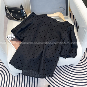 波点短袖上衣女2024夏季新款韩版东大门设计感小众黑色衬衫T恤潮