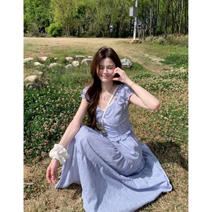 韩系蓝色格子时尚套装裙女夏季2024新款V领花边衬衫半身裙两件套