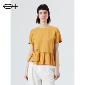 一嘉 e＋夏季新款品牌女装时尚不规则荷叶边设计黄色短袖衬衫
