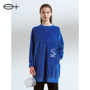 一嘉 e＋冬季新款品牌女装宝蓝色直身廓形短袖T恤式长袖连衣裙