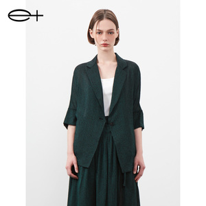 一嘉 e＋夏季新款品牌女装墨绿色简约条纹设计感短款西装外套