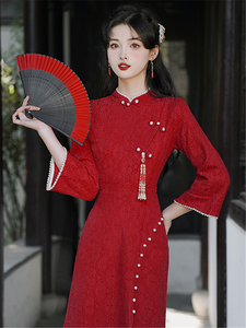 旗袍女新中式女装敬酒服2024新款新娘回门便装结婚礼服红色连衣裙