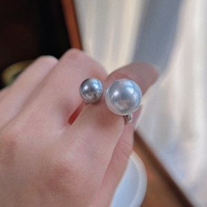 高定版厚实纯银极光施家珍珠大小双珠戒指女开口圈食指戒个性时尚