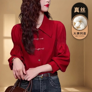 新中式国风复古真丝衬衫女士长袖polo领衬衣红色高级感桑蚕丝上衣