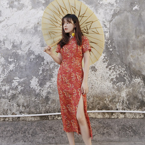 Fukcup浮夸设计 雪纺红斓彩竹短袖中长款改良日常旗袍式连衣裙