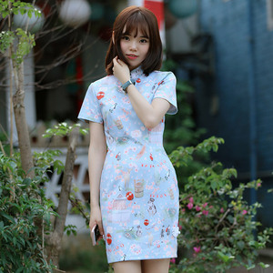 Fukcup浮夸 新中式改良连衣裙旗袍甜美小清新少女夏季小个子短裙