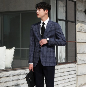 韩国代购B 两粒单排扣英伦格纹西装商务修身男士格子西服夹克外套