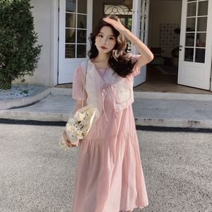法式藕粉色连衣裙套装夏季女2024新款时尚设计优雅甜美马甲两件套